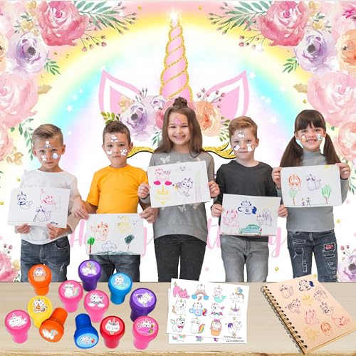 36PCS Caticorn Party Favors - 24PCS Temporary Tattoos & 12PCS Stamps - Ideal Cat Unicorn Themed Birthday Card Decorations Supplies Goodie Bag Cute Rewards for Boys Girls Classroom Gifts Baby Shower