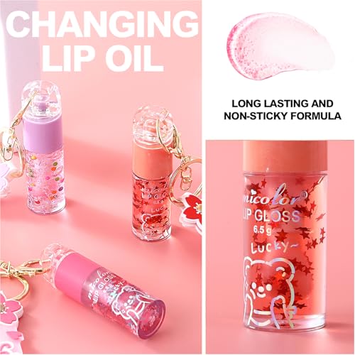 3 Colors Hydrating Lip Gloss Set, Glossy Shimmer High Shine Glass Finish Lipgloss Natural Moisturizing, Lip Make-Up for Women Party Gift Sakura Keychain Design