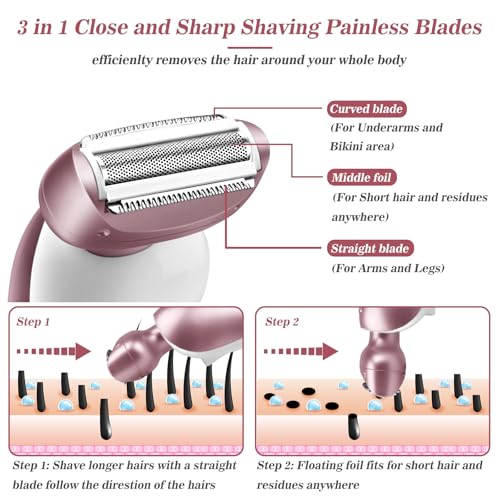 Electric Shaver for Women for Legs Bikini Trimmer Electric Razors for Women Underarm Public Hairs Rechargeable Womens Shaver Wet Dry Use Painless Cordless with Detachable Head (Pink)