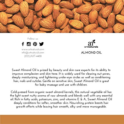 artnaturals Premium Sweet Almond Oil - (16 Fl Oz / 473ml) - 100% Natural & Pure ? Therapeutic Grade Unrefined Carrier and Massage Oil ? for Hair, Body and Skin or Diluting Aromatherapy Essential Oils