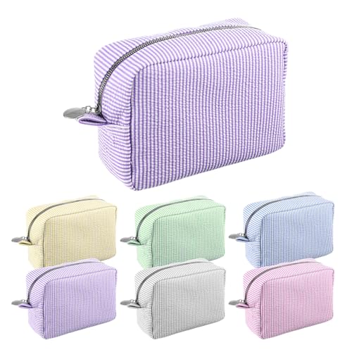 6 Pcs Seersucker Cosmetic Bag Seersucker Makeup Bags Women Stripe Large Travel Toiletry Organizer Preppy Storage Pouch Seersuck Travel Toiletry Bag for Embroidery Wedding Bridesmaid Bride Mom Gift