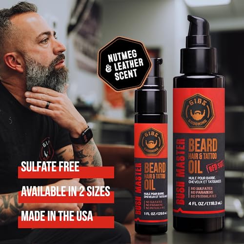 GIBS Beard, Hair & Tattoo Oil - Softens & Strengthens Beard Growth, Moisturizes Skin (4 Scents, 2 Sizes)