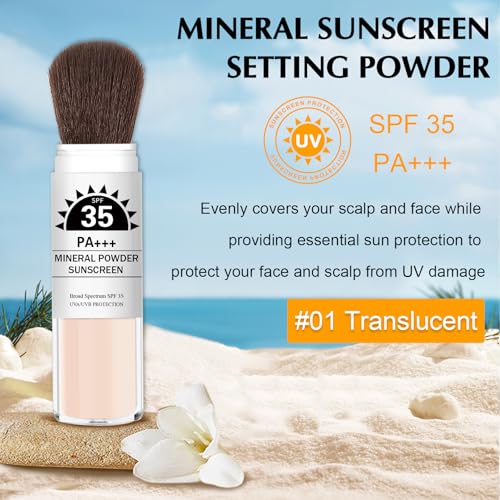 Mineral Powder Sunscreen SPF 35 Setting Powder for Face & Scalp Broad Spectrum Mineral Brush Powder Lightweight Breathable Oil Control Matte Finish for All Skin Tones(Translucent)