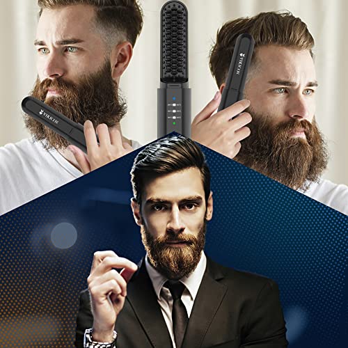 VIKICON Father's Day Gift Set for Men with Beard Hair Straightener & Heat Protectant Spray, Mini & Auto Shut Off Cordless Beard Brush