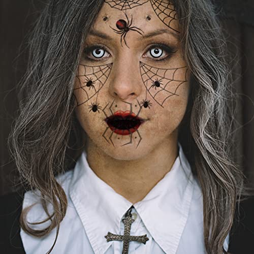 Halloween Spider Temporary Tattoos Web Face Makeup Supplies - 12 Sheets Full Face Scary Black Fake Spiders for Day of the Dead Stage Show Witch Costume Party Prank Props