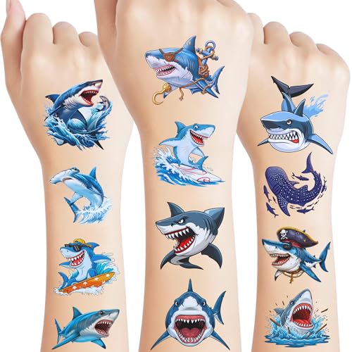 Shark Temporary Tattoos | Ocean Themed Shark Party Decorations Birthday Party Favors Supplies Accessories Stickers Under The Sea Themed Gift Idea For Kids Teen Boy Girl Adult 60Pcs 4 Sheets Pre-cut