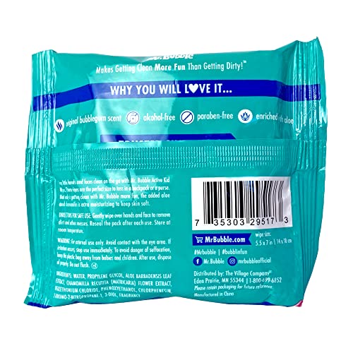 Mr. Bubble Moisturizing Kids Gentle Face and Hand Wipes, Travel Size Biodegradable Deep Cleaning Towelettes Made with Hydrating Aloe Vera and Chamomile (Pack of 12 Pouches, 15 Wipes Each)