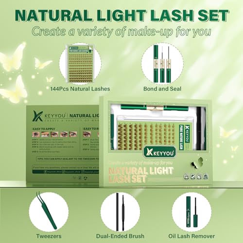 KEYYOU Natural Lash Clusters Kit 144Pcs DIY Lash Extension Kit Wispy Eyelash Extensions Kit D Curl 8-16MIX with Bond and Seal and tweezers with Thin Lash £¨KIT-N03-Brown-D-8-16MIX£©
