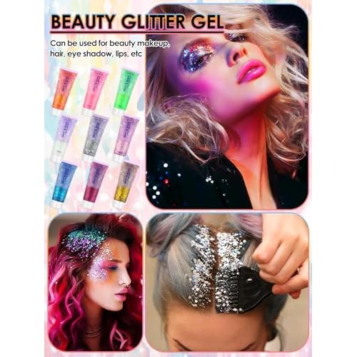 9Colors Face Body Glitter Gel, TOROKOM Sparkling Holographic Face Glitter Gel Mermaid Cosmetic Glitters Flakes Gel Long Lasting Chunky Glitter for Valentine's Day Party Rave Eye Lip Hair Nail Body
