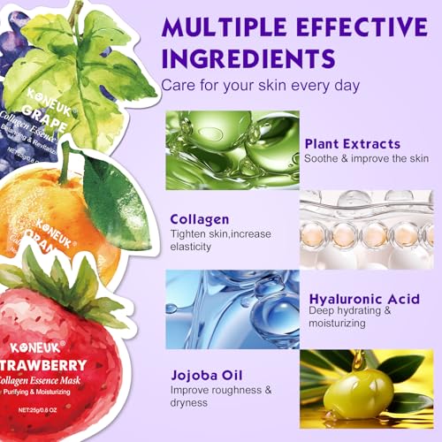 18 Pack Fruit Shaped Face Masks Skincare, Collagen Hydrating and Moisturizing Sheet Face Mask Skin Care, Bulk Valentines Day Gifts, Spa Party Gifts, Teacher Gifts and Mothers Day Gifts for Mom