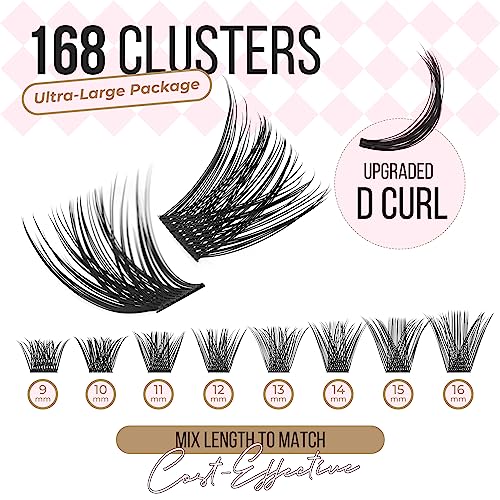 PopUp Cluster Lashes 168pcs Wispy Lash Clusters Soft D Curl Eyelash Clusters Russian Lashes Clusters DIY Eyelash Extensions at Home,Thin Bank 9-18mm MIX (Y56)