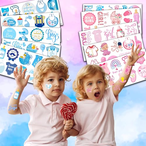 100 PCS Gender Reveal Temporary Tattoos Themed Birthday Party Decorations Favors Supplies Decor Baby Boy Or Girl Pink And Blue Tattoo Stickers Gifts For Game Kids Boys Girls Classroom School Prizes