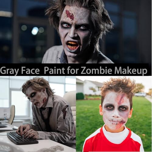 Black White Light Grey Face Paint + 3PCS Sponge + Brush,3 Colors Gray Body Paint Palette for Zombie Skeleton Vampire Cosplay,Skull Black White Halloween SFX Makeup Kit,21g