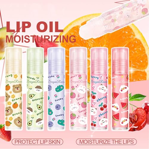 6Pcs Roll On Lip Gloss Oil Set,Hydrating and Nourishing Lips Light Lip Oil,Fruit Scents Vegan Lip Oil for Women