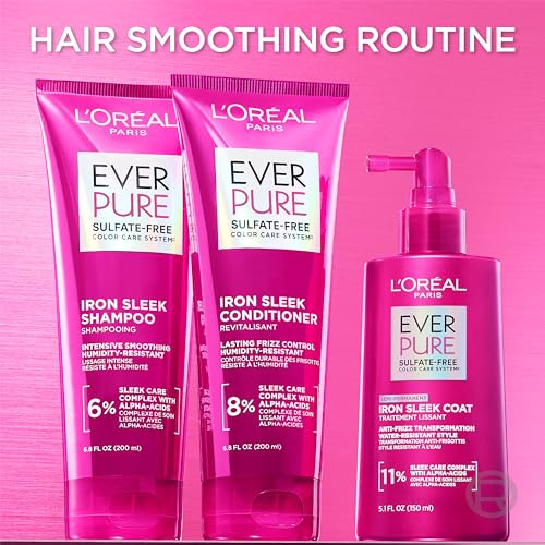L'Oreal Paris Sulfate Free Iron Sleek Smoothing Shampoo, Frizz Control and Humidity-Resistant Formula with Alpha-Acids for Frizzy Hair, EverPure Hair Care, 6.8 Fl Oz
