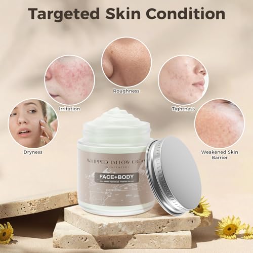 Ofanyia Beef Tallow for Skin, Whipped Tallow Cream for Sensitive Skin, Tallow Face Moisturizer for Repairing Damaged Dry Skin, Natural Beef Tallow Grass Fed Lotion for Skin Care, 4 oz (UNSCENTED)