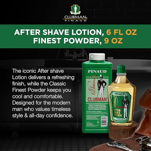 Clubman Pinaud After Shave Lotion, Classic Men¡¯s Aftershave, 6 fl oz Pinaud Finest Powder, Classic White Powder for Men, Protection Against Sweat and Body Odor, 9 oz