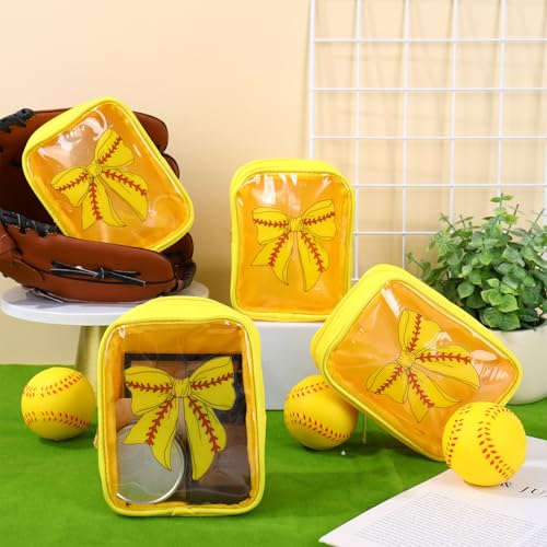 JarThenaAMCS 12Pcs Softball Bow Clear Makeup Bags Yellow Red Plastic Cosmetic Bags Waterproof Toiletry Travel Pouch for Sport Team Party Favor Supplies