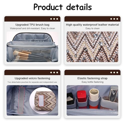 BOYATU Travel Makeup Bag for Women: Western Boho Make up Bag Set of 3 - Large Capacity Vegan Leather Cosmetic Bag - Waterproof Toiletry Bag with Compartments & Handle & Divider(J-2-Brown)