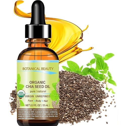 Botanical Beauty Organic CHIA SEED OIL 100% Pure Natural Virgin Unrefined Cold-Pressed Carrier Oil 0.5 Fl Oz 15 ml for Face, Skin, Body, Hair, Lip, Nails. Rich in Vitamin E