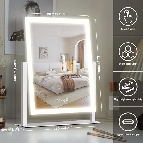 Yumelivi Vanity Mirror Three Color Lighting Modes,Smart Touch Control,Lighted Makeup Mirorr for Vanity Bedroom, Dressing Room