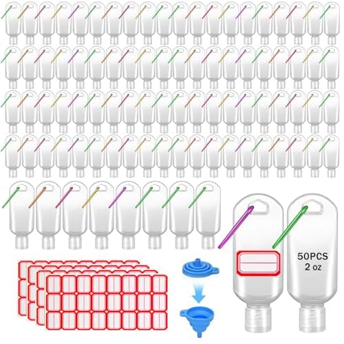 HATTIE 50Pack Travel Plastic Clear Keychain Bottles 50ml/2oz Portable Leakproof Squeeze Small Bottles With Flip Cap Refillable Empty Containers for Lotion Soap Toiletry