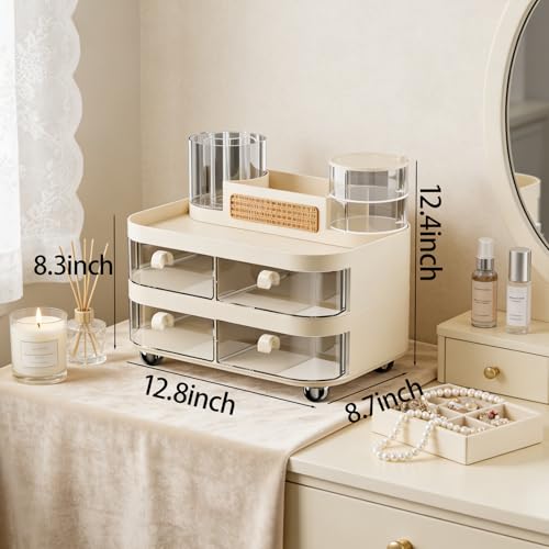 Large Makeup Organizer for Vanity, 3-Tier Dustproof Cosmetic Storage with Drawers & Brush Holder, Skincare Organizer for Bottles, Creams, Lipsticks & Palettes
