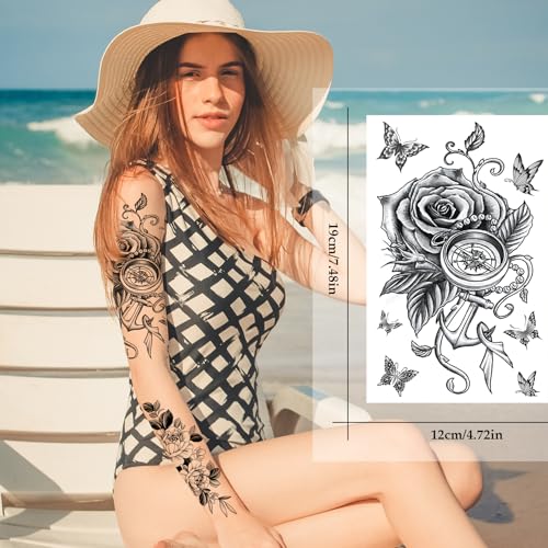 VERKSTAD Christmas Black Temporary Tattoos for Women, Waterproof Flower Butterfly Fake Tattoos for Girls, Floral Letter Writing Symbol Tattoo Kits Hand Body Art for Parties Festivals Everyday Wear