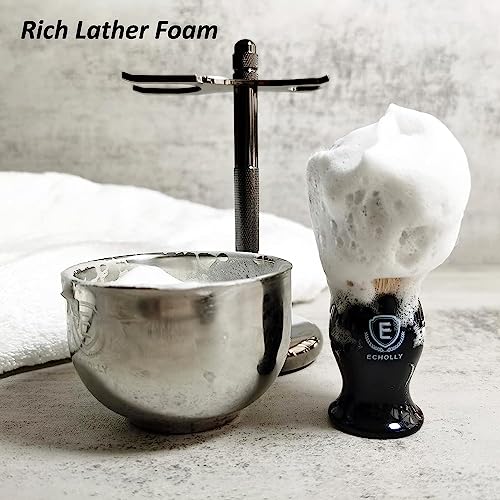 3 in1 Premium Shaving Brush Kit for Men Includes Vegan Badger Synthetic Hair Shaving Brush,Stainless Steel Shaving Soap Bowl,Heavy Safety Stand for Mens Gift (Deluxe Black)