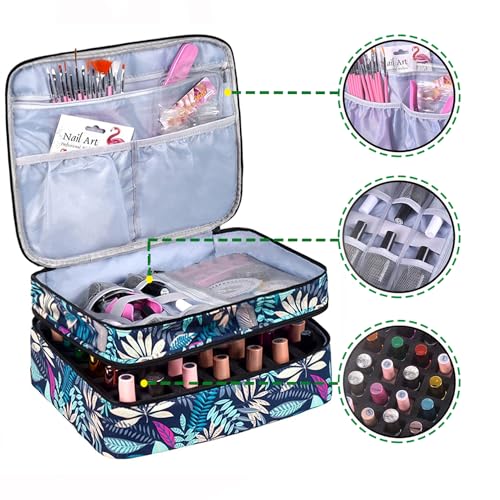 Double-Layer Nail Polish Organizer-Holds 42 Bottles, Nail Polish Storage with Handle, Nail Bag Organizer Case for Professional Manicure Kit & Travel (Leaf, 42 Bottles-Small)