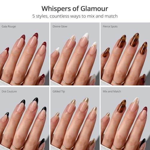 BTArtboxnails X LONGHAIRPRETTYNAILS Press On Nails - Whispers of Glamour, 5 Designs Mix Match Medium Almond French Tip Press On Nails, 150 Pcs Salon Quality Soak Off Soft Gel Nail Tips in 15 Sizes
