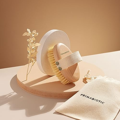 Primabiotic Body Massage Brush with Pouch ? Eco-Friendly Product from Europe ? Beech Wood & Agave Fibers ? Oval Handle with Cotton Strap ? Ideal for Dry Massage and Cellulite Reduction