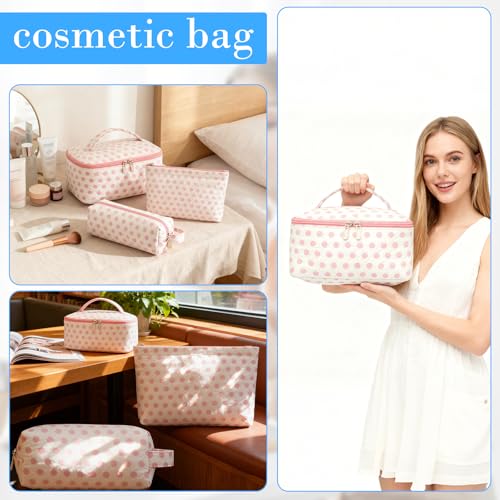 3-Pack Large Capacity Cosmetic Bag Set, Water-Resistant Makeup Organizer with Leak-Proof Design, Travel Toiletry Bag with Polka Dot Pattern for Women, Home & Travel