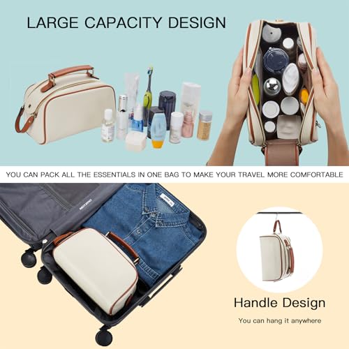 Telena Travel Toiletry Bag Makeup Cosmetic Bags for Women Waterproof PU Leather Toiletry Organizer Portable Large Capacity Beige with Brown