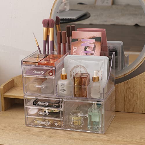 Cq acrylic 2 Pack Clear Makeup Storage Organizer,Stackable 6 Drawers Make Up Organizers,Cute Desk Organizer for Vanity Jewelry,Hair Clip,Beauty,Skincare Product Bathroom Counter Organizers and Storage