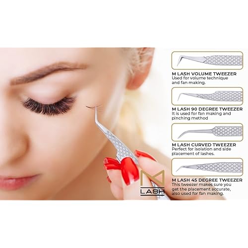 M LASH Tweezers for Eyelash Extensions (Set of 4) - Professional Lash Extension Tweezers - Fiber Tip, Japanese Steel, Diamond Grip Eyelash Extension Tweezer set (WL)