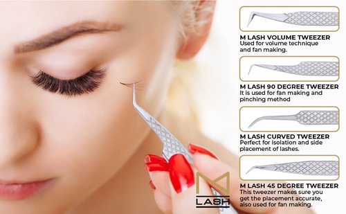 M LASH Tweezers for Eyelash Extensions (Set of 4) - Professional Lash Extension Tweezers - Fiber Tip, Japanese Steel, Diamond Grip Eyelash Extension Tweezer (Pink)