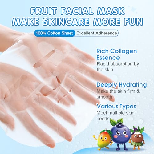 24 Pack Fruit Kids Face Mask, Collagen Hydrating Face Masks Skincare for Teens Girls, Skin Care for Kids, Spa Party Supplies and Bulk Birthday Gifts for Women, Easter Basket Stuffers