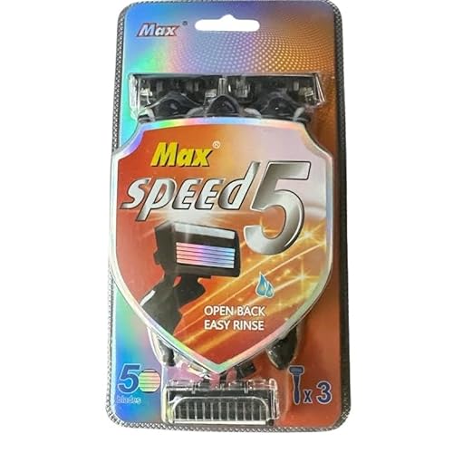 Max Speed 5 Stainless Steel Razors Blades, A Series for Men Shaving, with Lubricated Strip and Ergonimic Handle for Superior Handling Control, 3 Pack.
