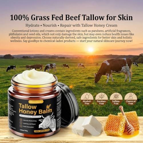 Beef Tallow Honey Balm for Skin,Face,Body - Handmade Whipped Cream Face Moisturizer with 100% Grass-Fed Beef Tallow & Raw Honey,Narural Organic Body lotion for Men&Women,Unscented,4.23OZ