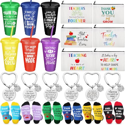 24 Pcs Teacher Appreciation Gift from Students 2026 End of Year Thank You Gifts Bulk 24 oz Plastic Tumbler Cup Makeup Cosmetic Bag Crew Sock Keychain for Retirement