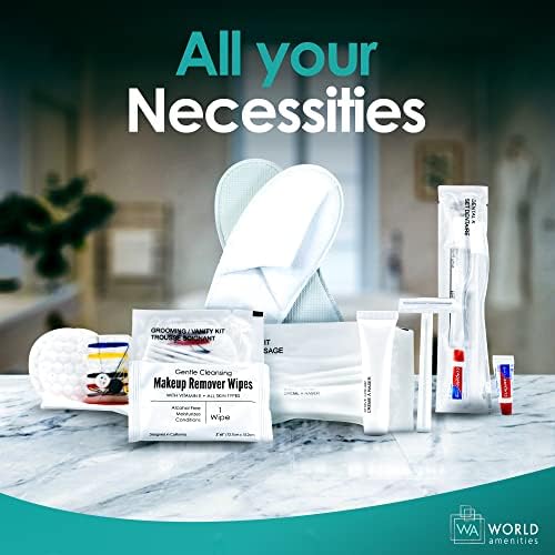 World Amenities Necessities Grooming Vanity Kit | Clear Frosted Sachet, Hotel Amenities | Includes Sewing Kit, Nail File, Cotton Swabs, 2 Cotton Rounds and Band-Aid