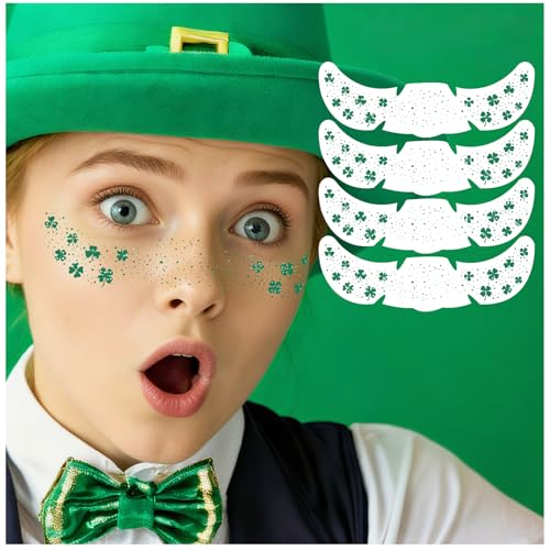 12 Sheets St Patricks Day Face Tattoos Stickers Glitter Green Shamrock Freckles Temporary Tattoo for Body Saint Patrick Day Clover Face Sparkle Makeup Accessories for Women Irish Party(face12)