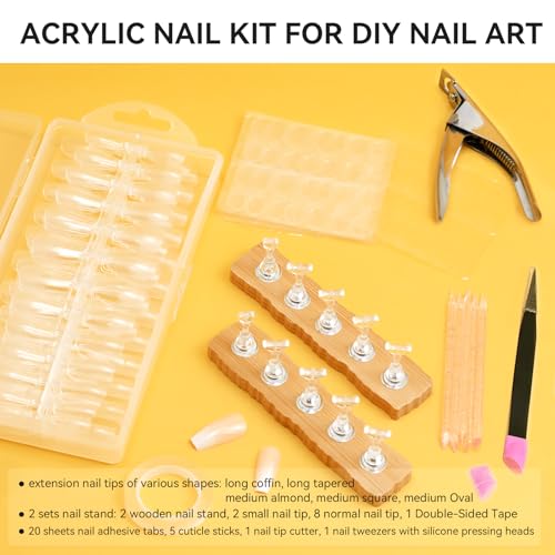 Acrylic Fake Nails Kit Press On Nail kit with 240PS Clear Nail Tips,Nail Art Stand,Art Brushes,Swatch Sticks,Acrylic Cutter,Nail Art Tools with Everything for Beginners DIY Nails Home Salon