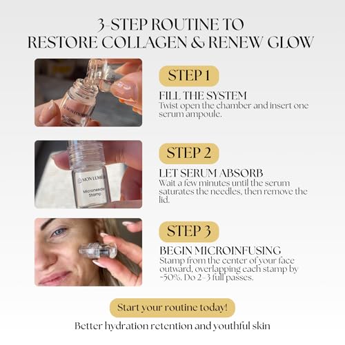 Mon Lumiere Micro-Infusion System - 0.25mm Gold Derma Spring-Loaded Stamp with PDRN & Peptides - At-Home Facial Kit for Collagen Boost & Fine Lines - Includes 3 Single-Dose Serums - Starter Kit