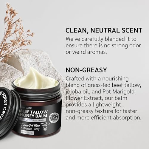 Men's Beef Tallow for Skin Care:100% Grass-Fed Beef Tallow Face Moisturizer For Men - Tallow and Honey Balm With Olive Oil Manuka Honey For Sensitive Dry Skin Repair 1.7 oz