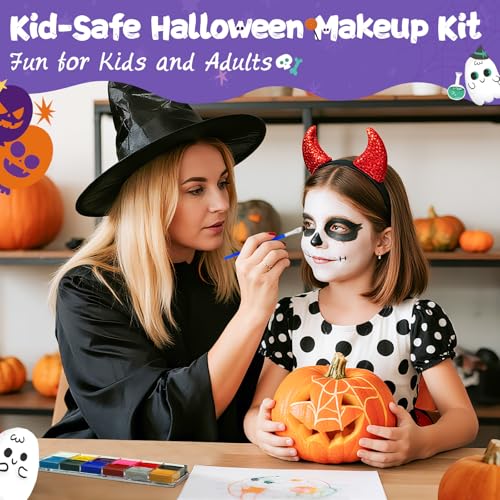 Face Painting Kit for Kids, 12 Colors Oil-Based Face Paint with 2 Brushes, Non-Toxic Halloween Makeup Kit, Professional Face Body Paint for Halloween, Parties, Carnival, School Events