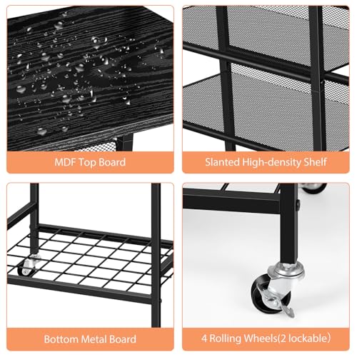 OYEAL 4 Tier Metal Bathroom Cart on Wheels Black Freestanding Bathroom Shelf Organizer with storage shelves Hair Dryer Holder Movable Towel Storage Cart for Liviing Room, Laundry Room, Kitchen