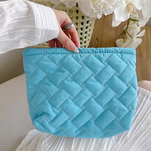 Wlz Quilted Makeup Bag Travel Toiletry Bag Puffy Cute Makeup Organizer Bags Small Cosmetic Bag Cotton Pouch Travel Essentials for Women Girls (Blue)