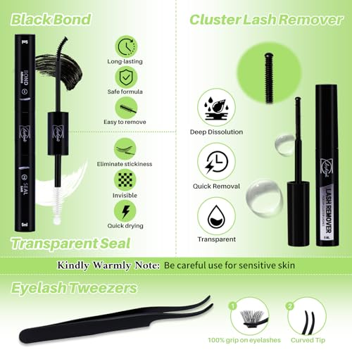Lash Clusters Kit Wispy Eyelash Clusters Lashes DIY Lash Extension Kit Cluster Eyelash Extensions Kit Volume Cluster Lashes with Lash Bond and Seal,Lash Remover,Lash Tweezers(WL+200D Lash Kit)
